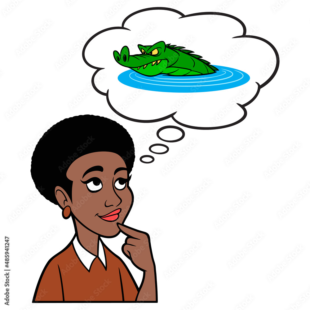 Black Woman thinking about an Alligator - A cartoon illustration of a Black Woman thinking about an Alligator in the wild. Black Woman thinking about an Alligator - A cartoon illustration of a Black Woman thinking about an Alligator in the wild.