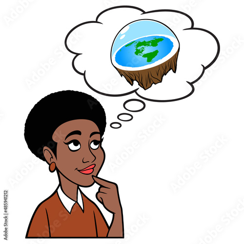Black Woman thinking about the Flat Earth Theory - A cartoon illustration of a Black Woman thinking about the concept of the Flat Earth Theory.