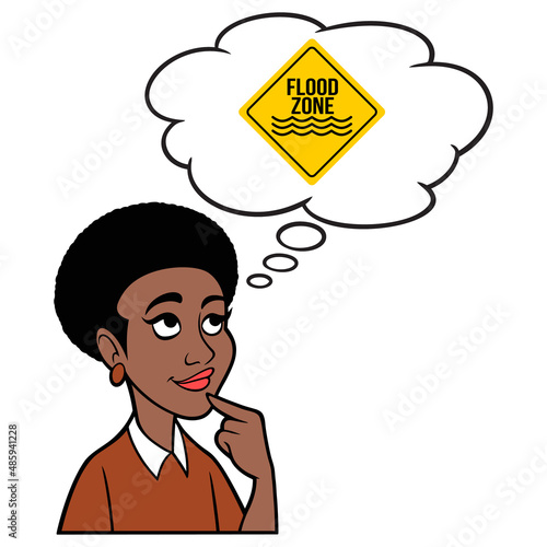 Black Woman thinking about a Flash Flood Warning Sign - A cartoon illustration of a Black Woman thinking about  Flash Flood Warning Sign.