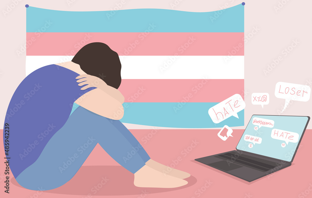 Fototapeta premium Harassment in the Internet space. Cyberbullying. A trans person faces negative comments and insults on social networks. Transgender people face social rejection. Vector flat illustration