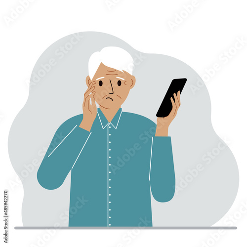 A man looks at a mobile phone. A man looks sadly at the phone he holds in his hand. Vector