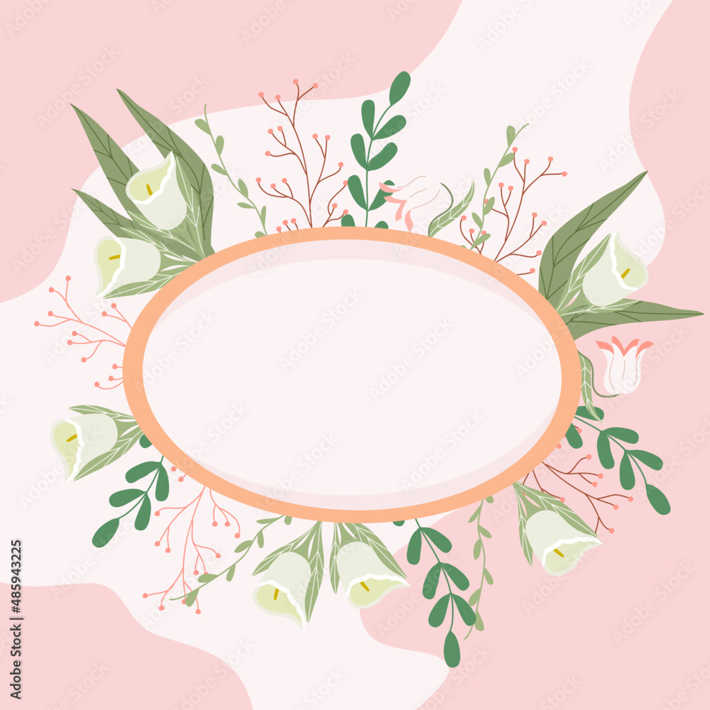 Plate with flowers and plants. Pink background. Nature. Flat style. Place for recording. Stock Vector Illustration.