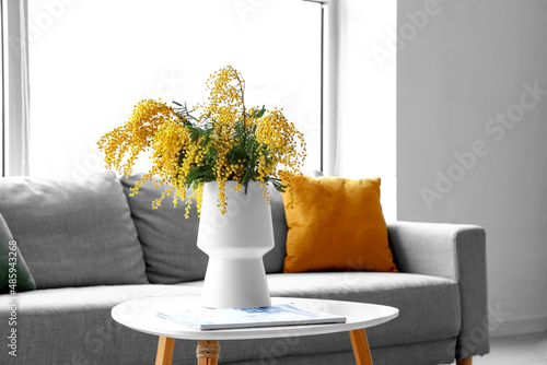 Vase with mimosa flowers on...