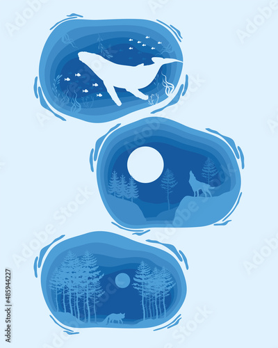 Fototapeta three blue paper cut icons