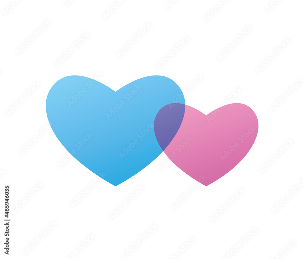 Two hearts couple together isolated vector icon modern flat design, pink and blue. Wedding, engagement or Valentines day eternal love symbol.