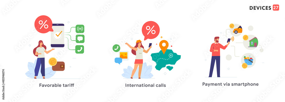 Fototapeta premium People use gadgets. set of icons, illustration. Smartphones tablets user interface online shopping.Flat illustration Icons infographics. Landing page site print poster.