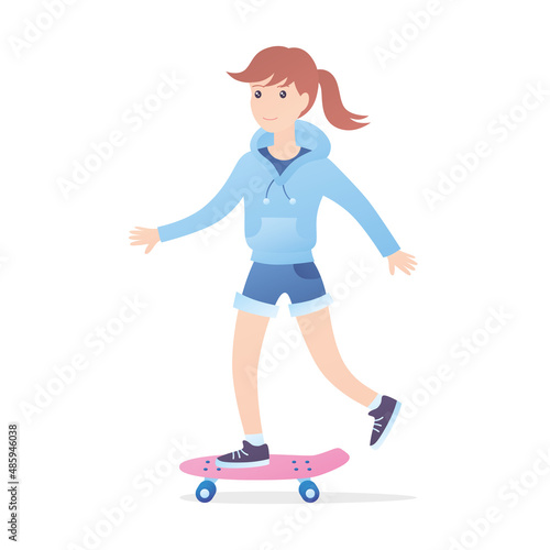 Girl skater wearing hoodie and jeans shorts riding pink longboard or skateboard cruiser isolated flat vector illustration