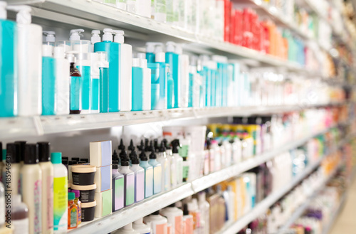 Large assortment of hair care products in special cosmetics store.