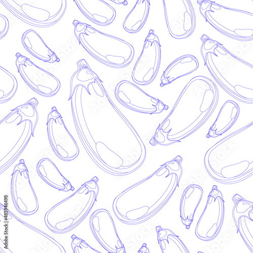 Vector seamless background. Contour drawing of eggplant. Imitation of a sketch by a pen. Blue outline isolated on white. 