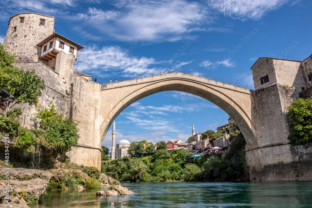 The Old Bridge, Stari Most, with the emerald Neretva river in Mostar, Bosnia and Herzegovina.