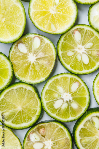 sudachi is a lime like fruit that grows in tokushima japan. it is used to flavor fish and other things. the subtle green color looks refreshing and nice. it is sour and is made naturally. 