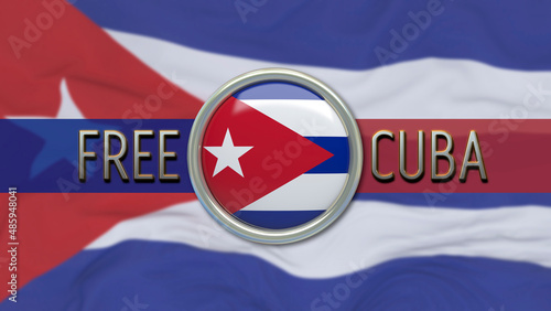 Photography A badge with the flag of Cuba and the phrase Cuba Libre, in front of an unfocused flag