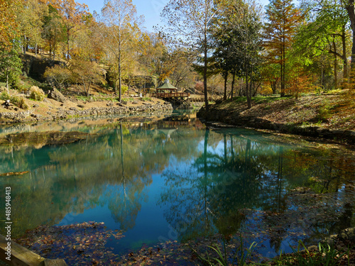 Colorful trees reflected in the waters of a lagoon, wide shot photo