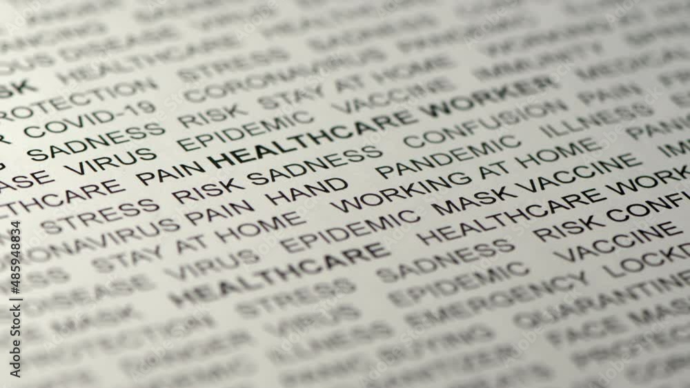 White paper with black covid concept text on it. Camera pointed downwards while slowly moving forward. Blurred. Selective focus. Defocused. White paper with black covid concept text on it. Camera pointed downwards while slowly moving forward. Blurred. Selective focus. Defocused.