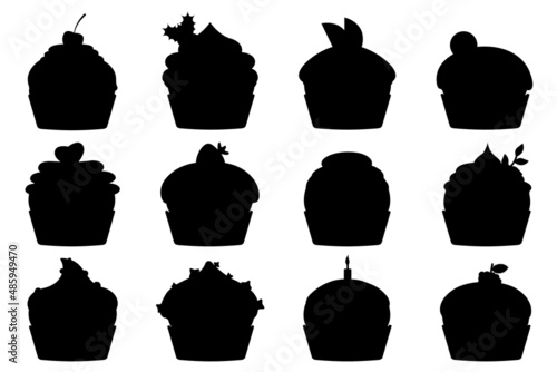 Muffin sweet silhouette collections decorated with cherry, blackberry and mint, candle, lemon, cookie, strawberry. Cupcakes with cream and chocolate set. Pastries sprinkled with tasty crumbs.Vector