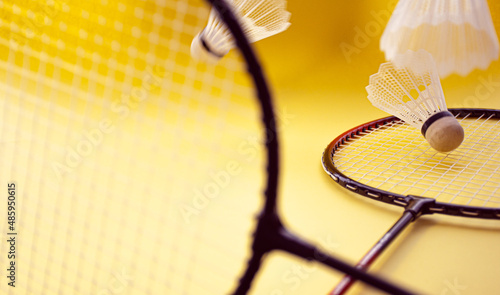 feathers and badminton rackets on a yellow background © Isa Alatorre