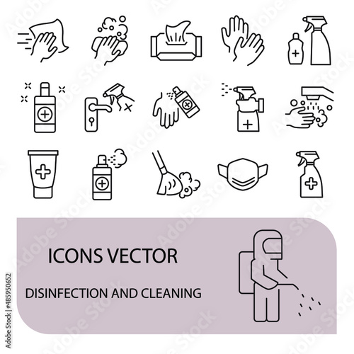 Disinfection and cleaning icons set . Disinfection and cleaning pack symbol vector elements for infographic web