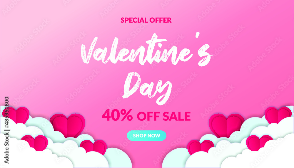 Valentine's day sale background with pink, paper hearts and clouds