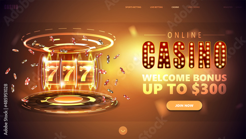 Online casino, gold banner with button, welcome bonus, neon Casino slot machine with jackpot, poker chips and hologram of digital rings in gold scene