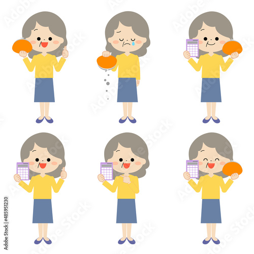 高齢女性　お財布と電卓を持ったいろんな表情セット