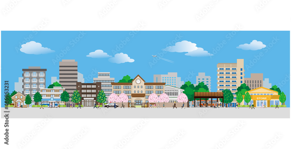街並みを歩く人々のベクターイラスト. 街並みを歩く人々のベクターイラスト.