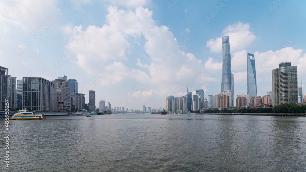 Landscape of Shanghai skyline viewed on Huangpu river, landmarks in Lujiazui Pudong district.