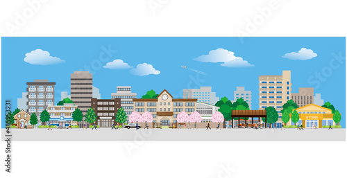 街並みを歩く人々のベクターイラスト. 