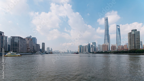Landscape of Shanghai skyline viewed on Huangpu river  landmarks in Lujiazui Pudong district.