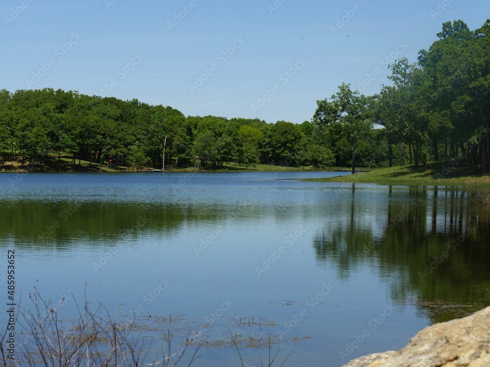 Obraz premium Beautiful, tranquil shot of a lake with trees reflected in the waters