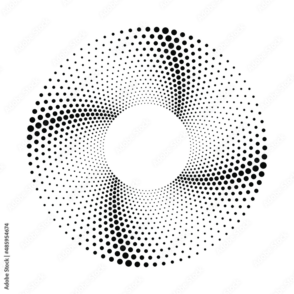 Black halftone dots in vortex form. Dotted design element for border frame, round logo, tattoo, sign, symbol, web pages, prints, emblems, badges, template, pattern and abstract background Black halftone dots in vortex form. Dotted design element for border frame, round logo, tattoo, sign, symbol, web pages, prints, emblems, badges, template, pattern and abstract background