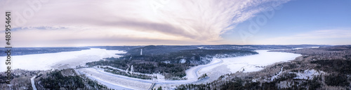 Aerial Of Frozen Ottawa River Hydro Dam