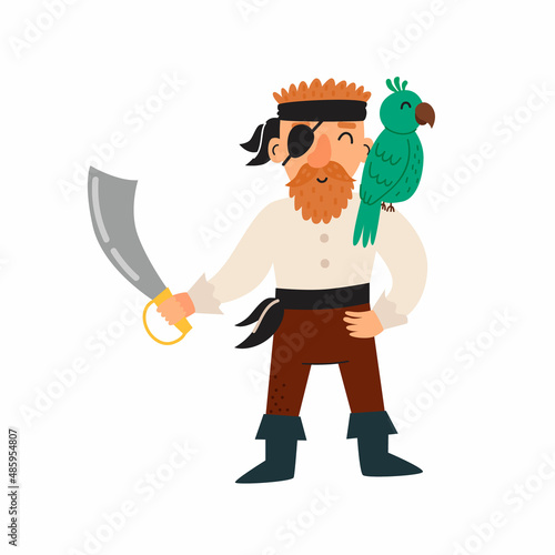 Cute pirate with a sword and a parrot on his shoulder. Vector illustration
