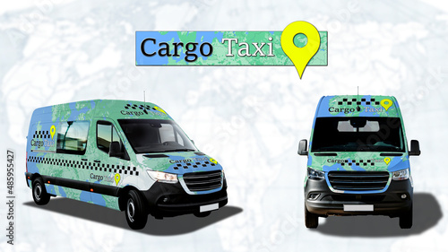 cargo taxi van for intercity and international transportation on the background of the world map 