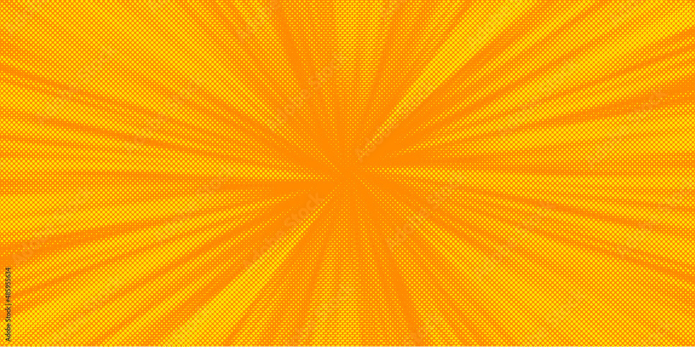 Halftone Yellow orange color Background. Glowing light Halftone effect. abstract grunge Starburst halftone dots background. Star Flare, Shine light halftone texture. Retro background, pop art style.