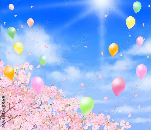 光差し込む青空にカラフルな風船と桜と華やかな花びら舞い散る春の桜フレーム背景素材