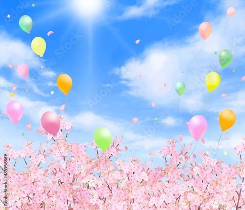 光差し込む青空にカラフルな風船と桜と華やかな花びら舞い散る春の桜フレーム背景素材