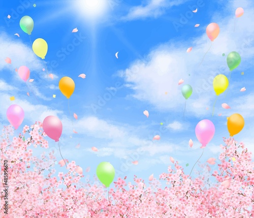 光差し込む青空にカラフルな風船と桜と華やかな花びら舞い散る春の桜フレーム背景素材