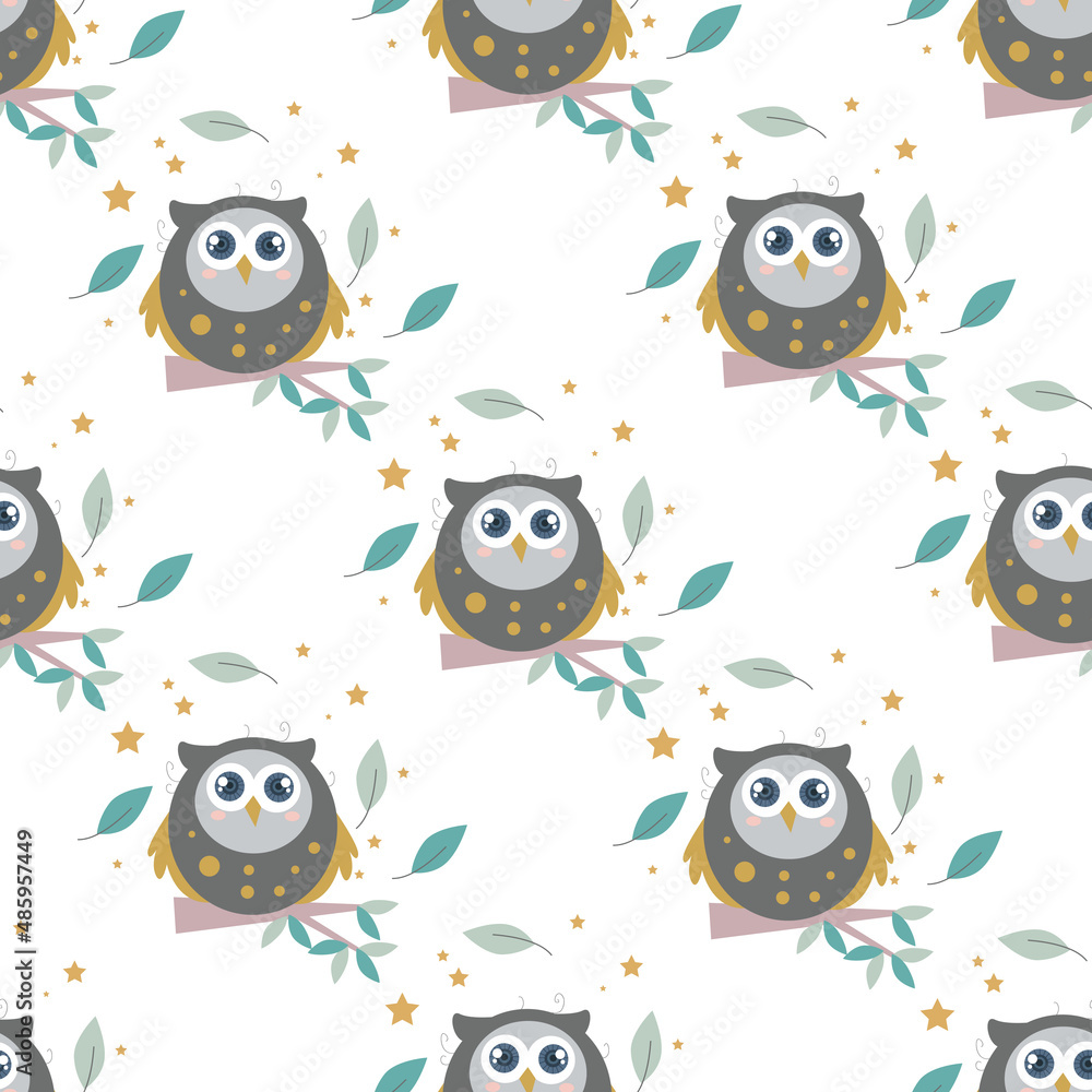 Autumn seamless pattern with owl vector sitting on a tree branch