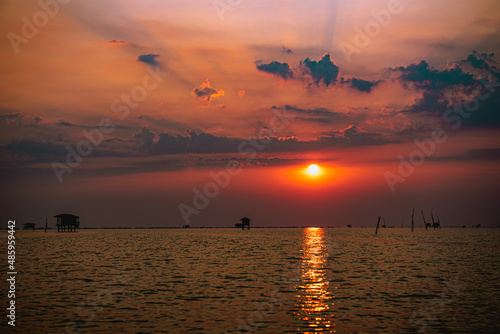 This is the morning atmosphere. Sunrise at the Gulf of Thailand in Thailand Phetchaburi Province, Bang Tabun