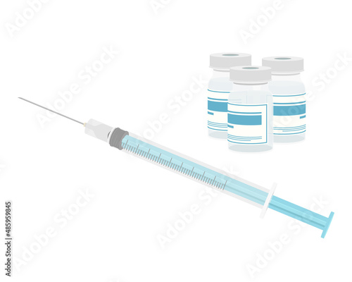 Vector illustration of syringe and bottle with vaccine isolated on background.