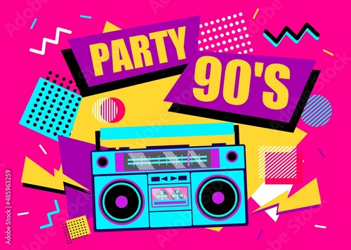 90s retro music poster. 90s party banner design, retro boombox on funky colorful background. Poster, flyer, invitation. Vector illustration