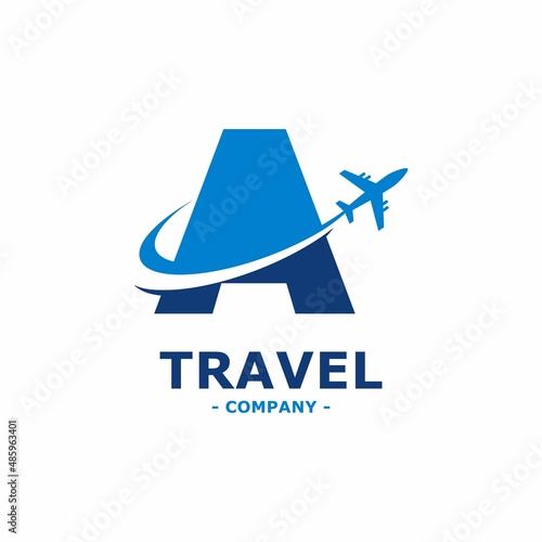Abstract letter A with plane and airline logo vector design. Suitable for travel label, tourism, journey posters, flight company advertising, airways identity, and tech transportation
