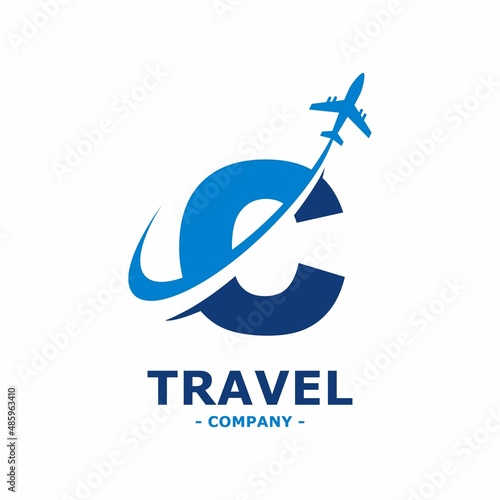 Abstract letter C with plane and airline logo vector design. Suitable for travel label, tourism, journey posters, flight company advertising, airways identity, and tech transportation