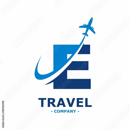 Abstract letter E with plane and airline logo vector design. Suitable for travel label, tourism, journey posters, flight company advertising, airways identity, and tech transportation