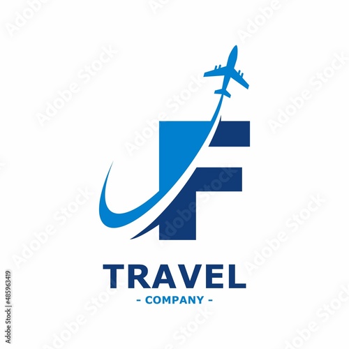 Abstract letter F with plane and airline logo vector design. Suitable for travel label, tourism, journey posters, flight company advertising, airways identity, and tech transportation