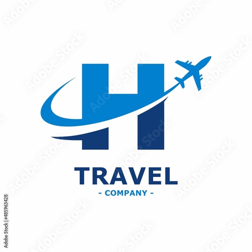 Abstract letter H with plane and airline logo vector design. Suitable for travel label, tourism, journey posters, flight company advertising, airways identity, and tech transportation