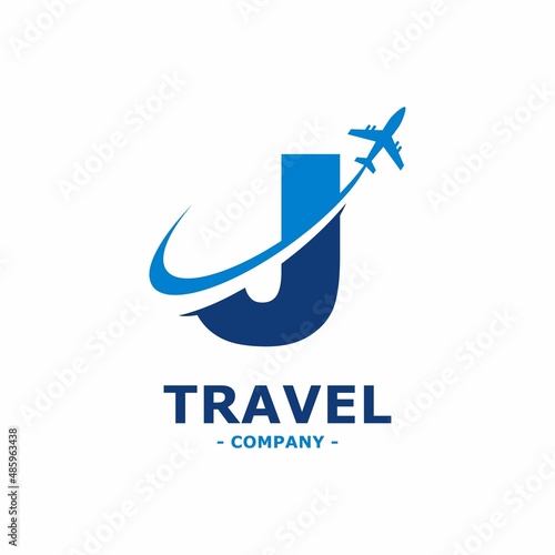 Abstract letter J with plane and airline logo vector design. Suitable for travel label, tourism, journey posters, flight company advertising, airways identity, and tech transportation