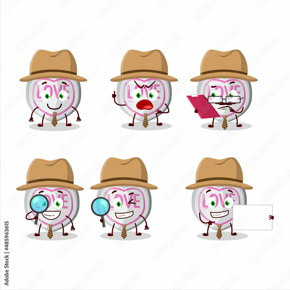 Detective white love candy cute cartoon character holding magnifying glass Detective white love candy cute cartoon character holding magnifying glass