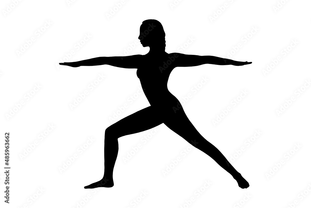 Yoga warrior asana or virabhadrasana I. Woman silhouette practicing yoga asana. Vector illustration isolated on white background