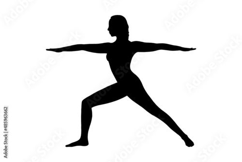 Yoga warrior asana or virabhadrasana I. Woman silhouette practicing yoga asana. Vector illustration isolated on white background © liu_miu